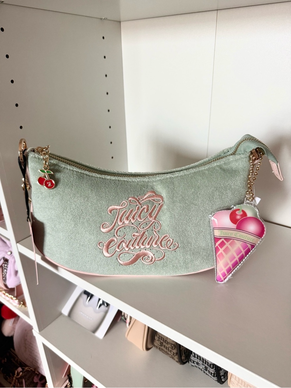 Juicy Couture “Sugar Rush” Mint and Pink Velvet Shoulder Bag with Cherry Charm
